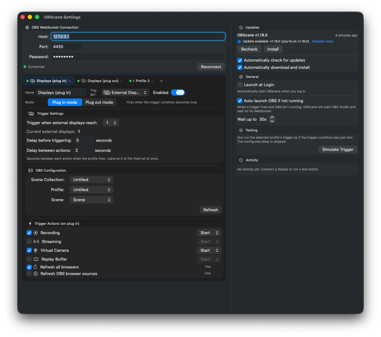 OBScene settings window showing a Display-triggered profile with plug-in/plug-out mode, trigger delay, and per-action delay