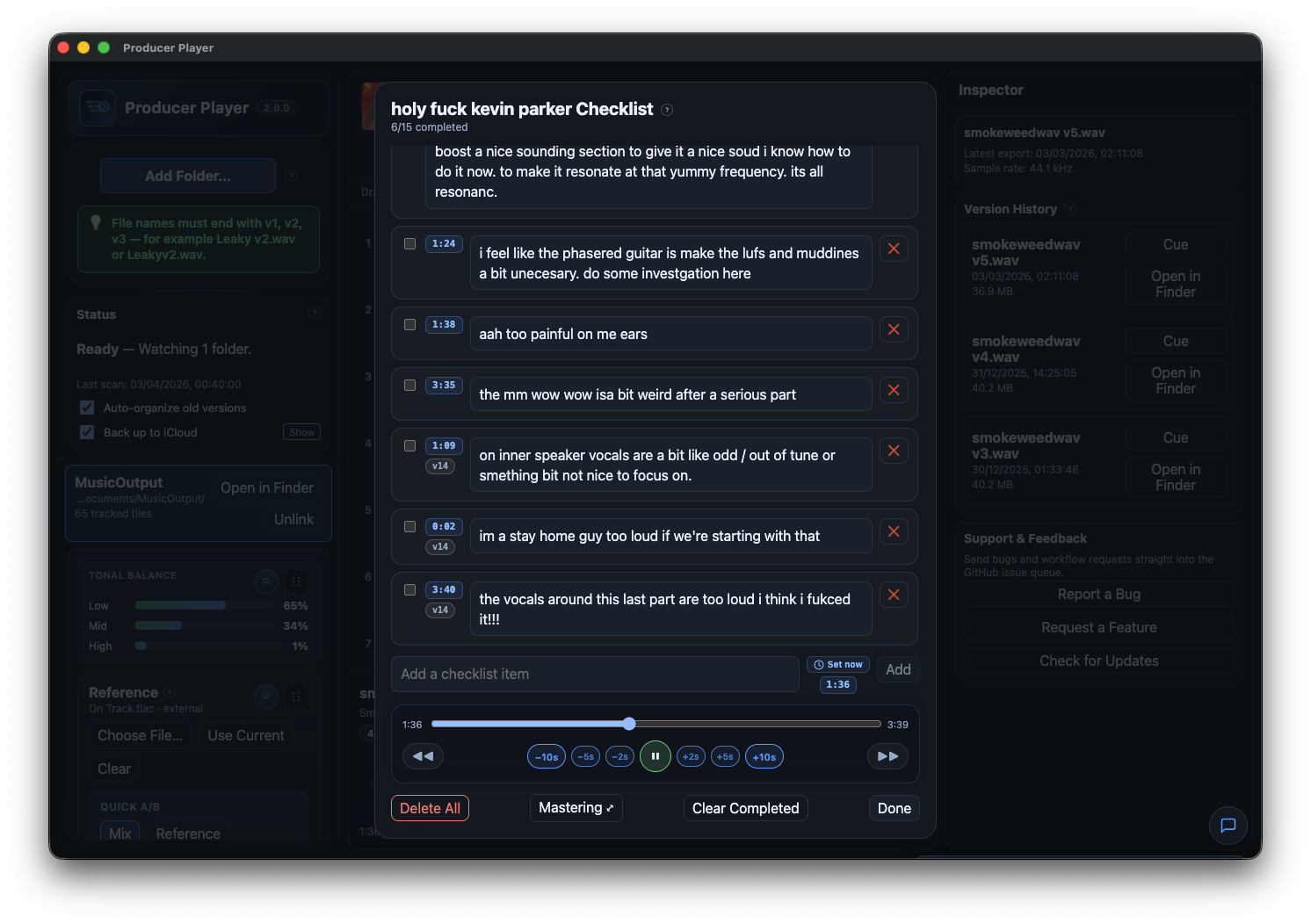 Production checklist with per-song notes, timestamps, version management, and built-in transport controls