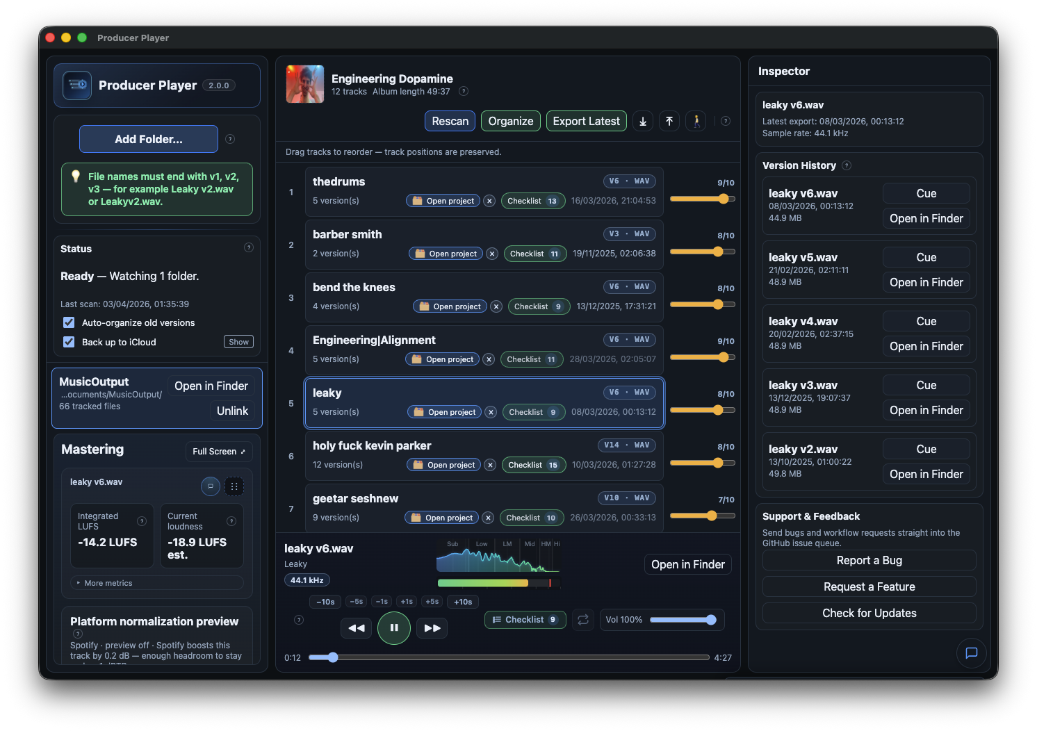 Producer Player main app overview — scan folders, auto-group versions, drag to reorder, album art, version history, mastering metrics