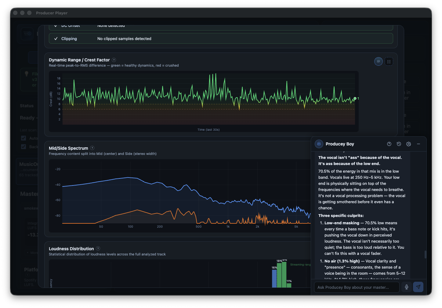 Dynamic range, crest factor, mid/side spectrum, loudness distribution, AI-powered frequency and stereo field analysis
