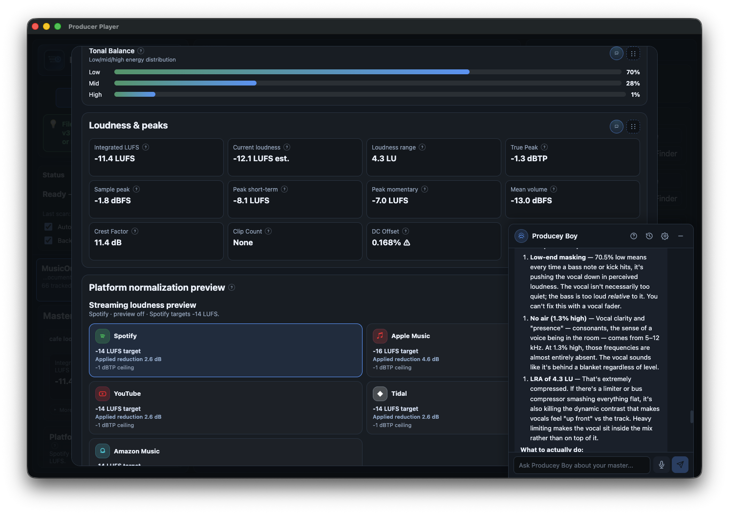 Tonal balance, loudness and peak metrics, streaming platform targets, AI mastering assistant with detailed analysis