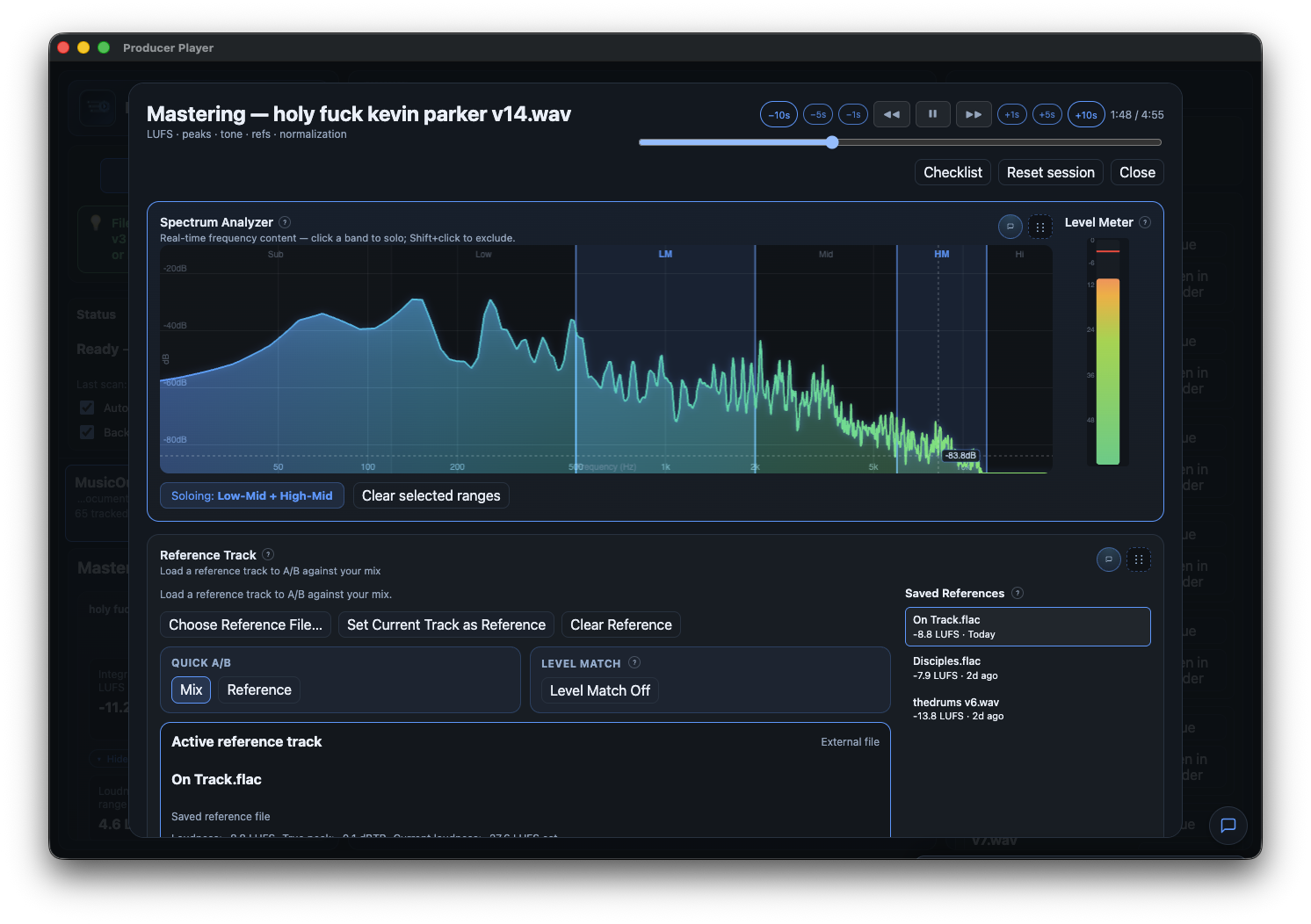 Full-screen spectrum analyzer with frequency band soloing, level meter, and reference track A/B comparison