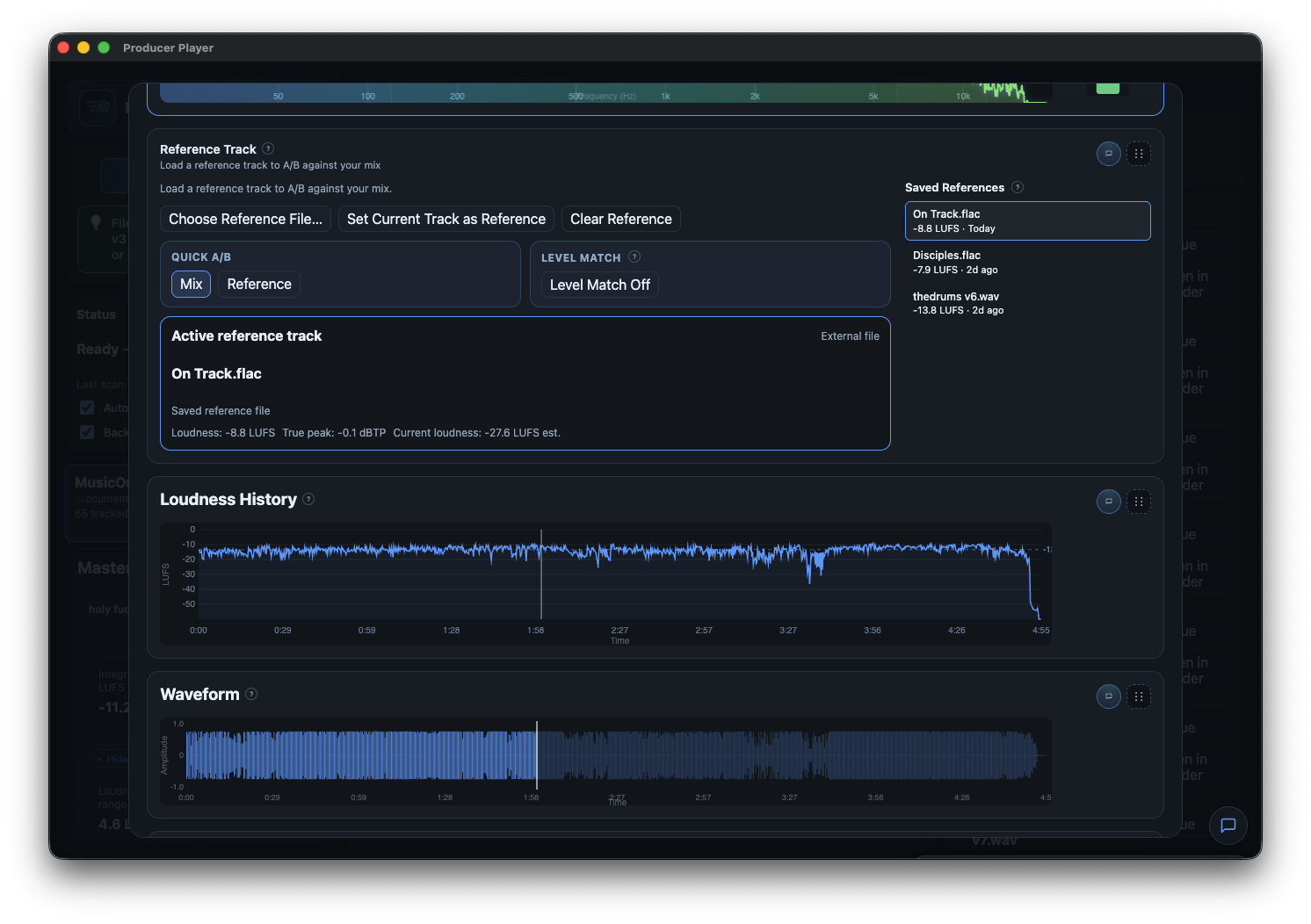 A/B compare against reference tracks with loudness history and waveform visualization