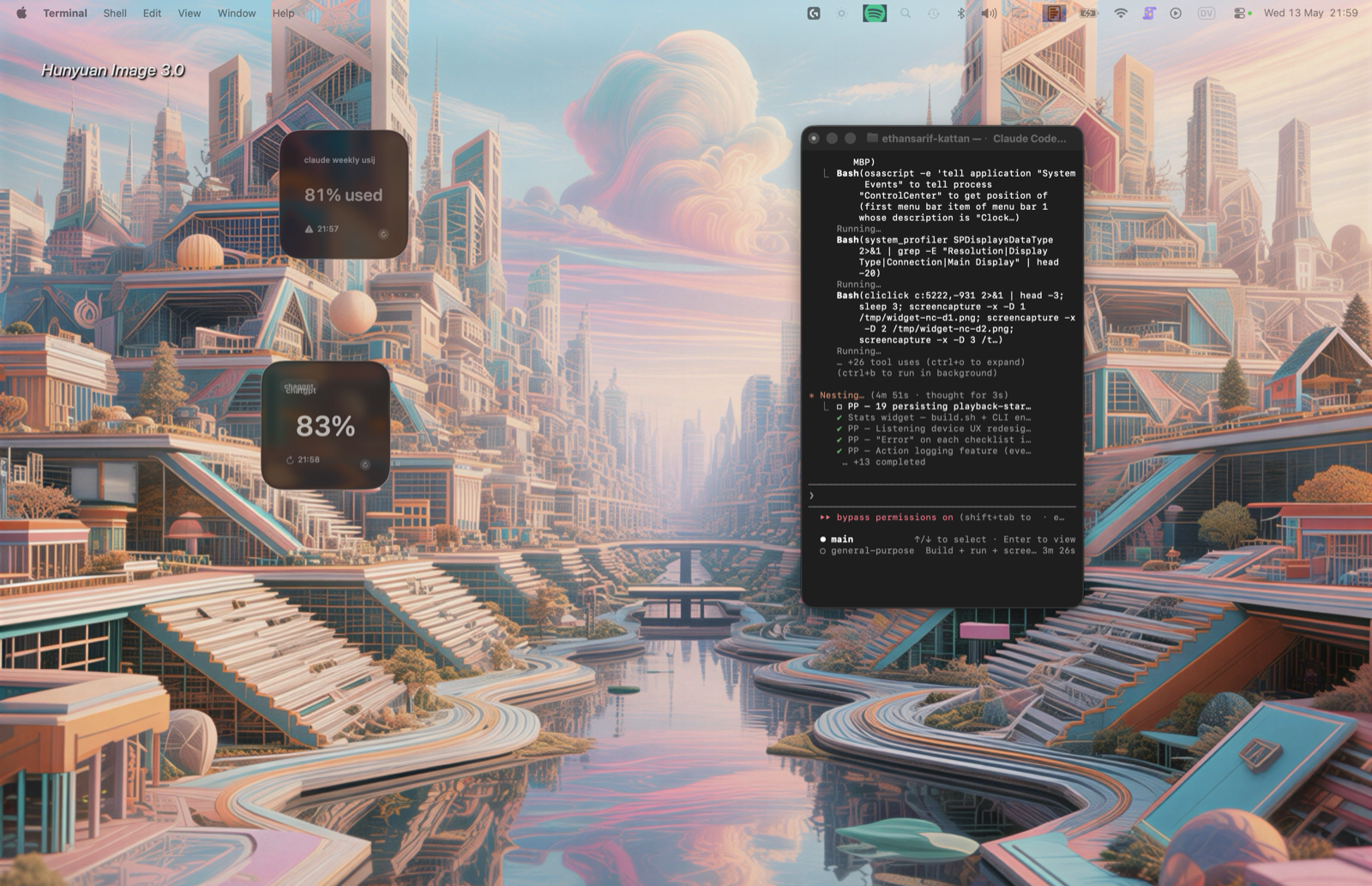 Two macOS widgets in Notification Centre: a Claude usage tracker showing 81% used and a ChatGPT usage tracker showing 83%, layered over a desktop background.
